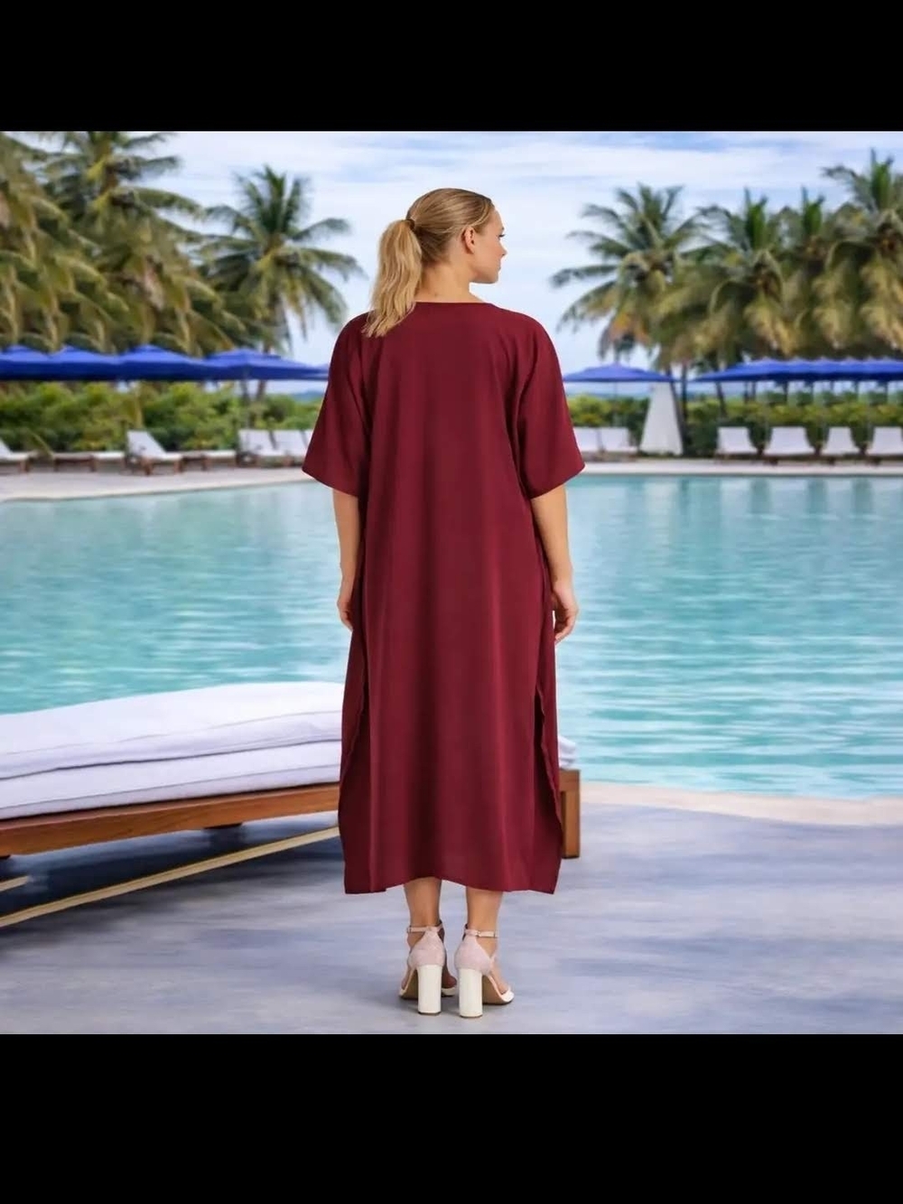 V-Neck Burgundy Kaftab Dress with Pockets. - Picture 4 of 11